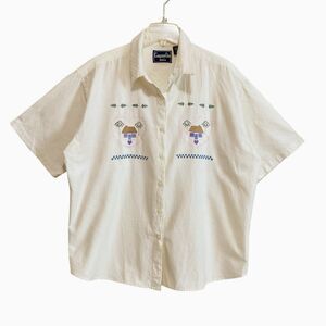 Company One Button-Up Blouse Womens Size 20W Yellow Striped Embroidered Cotton